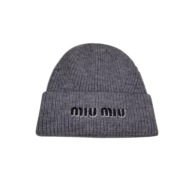 Miu Miu Embroidered Logo Knit Beanie in Grey - luxurydeal