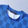 LV Damier Jacquard Short Sleeve Crew Neck T-shirt Blue - luxurydeal