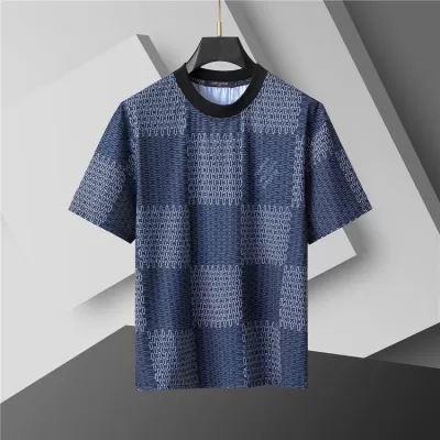 LV Damier Jacquard Short Sleeve Crew Neck T-shirt Royal Blue - luxurydeal