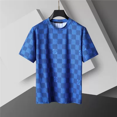 LV Damier Jacquard Short Sleeve Crew Neck T-shirt Blue - luxurydeal