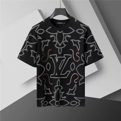 LV Embroidered Vine Motif Cotton T-Shirt Black - luxurydeal