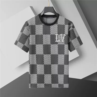 LV Damier Short Sleeve Crew Neck T-shirt with LV Crystal Patch Black - luxurydeal