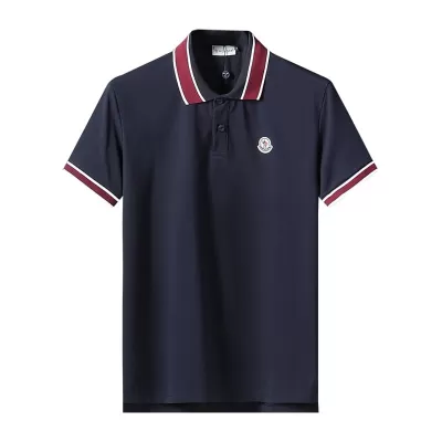 Moncler Striped Collar Cotton Piquet Polo Shirt Dark Blue - luxurydeal